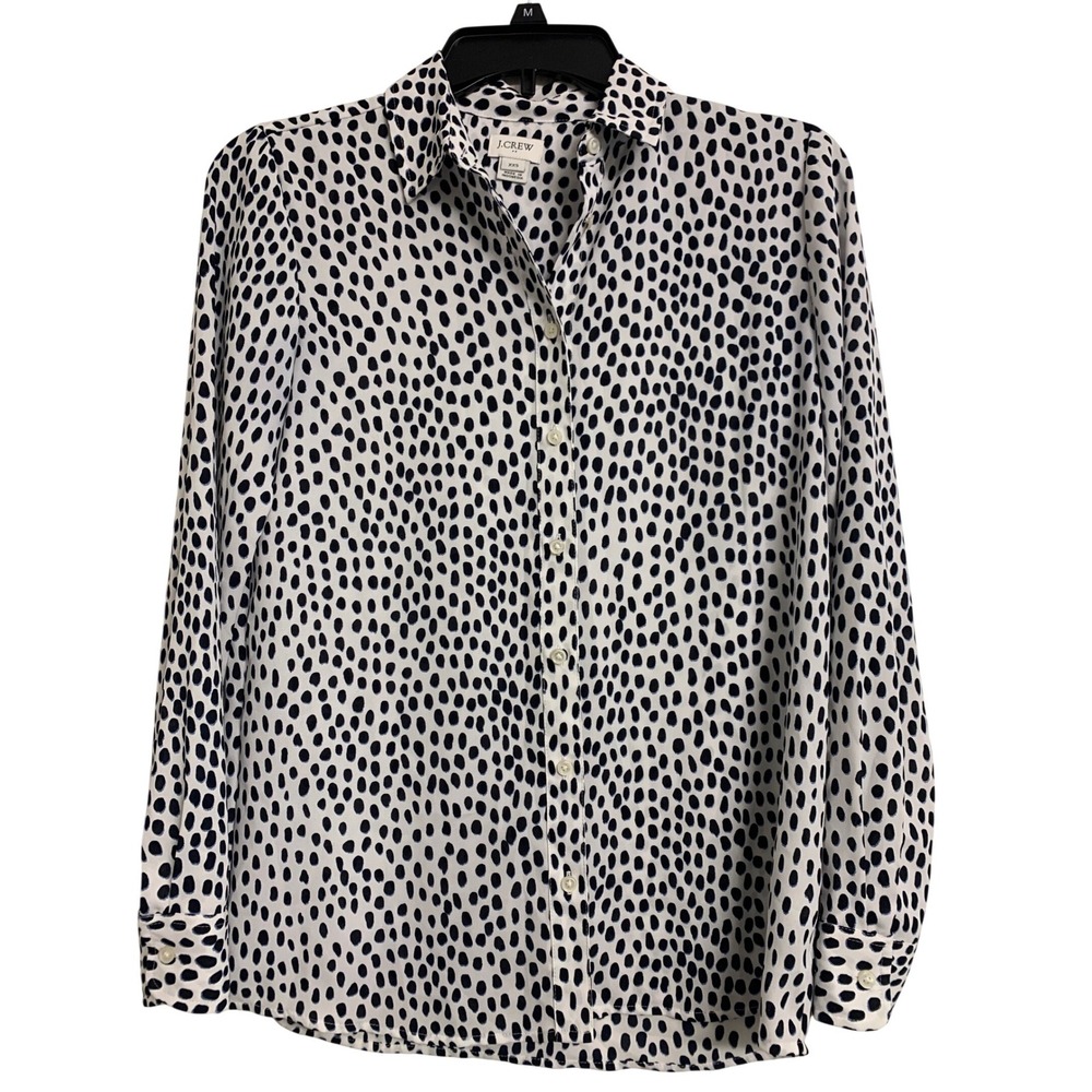 J.Crew Dalmatian Polka Dot Button Down Shirt Blouse Black Ivory XXS‎